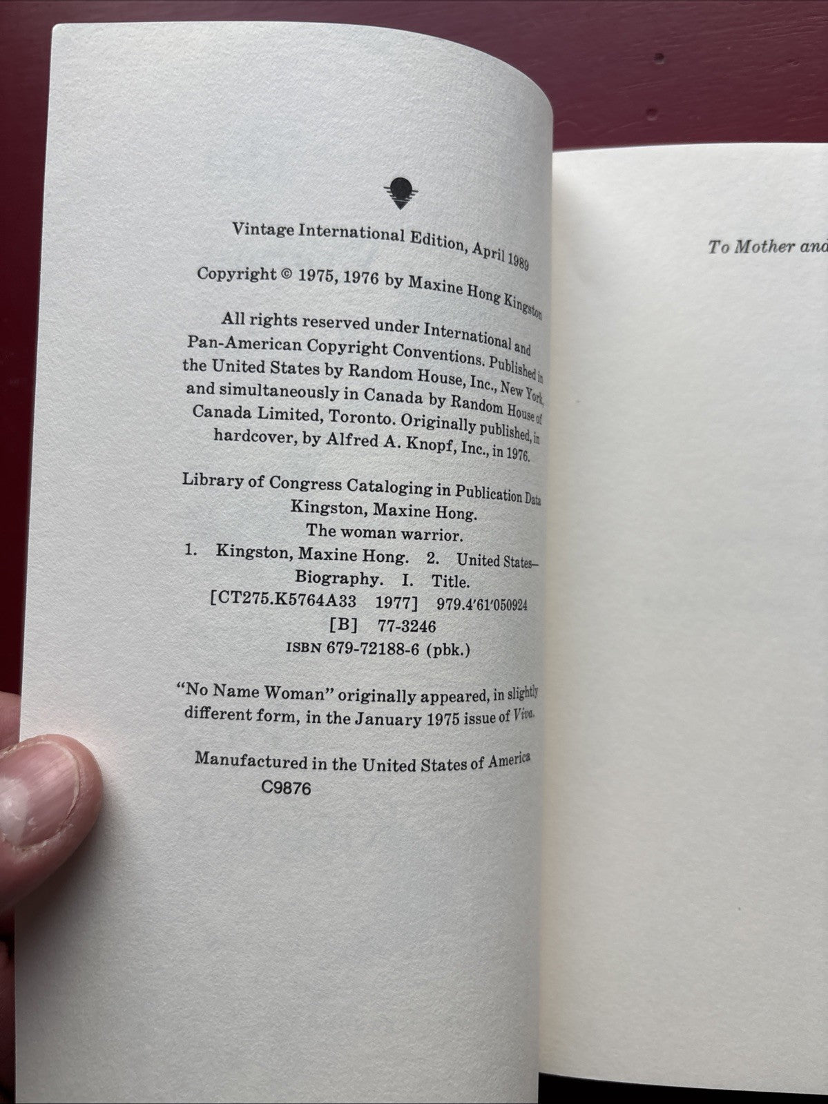 Woman Warrior : Memoirs of a Girlhood among Ghosts by Maxine Hong Kingston...
