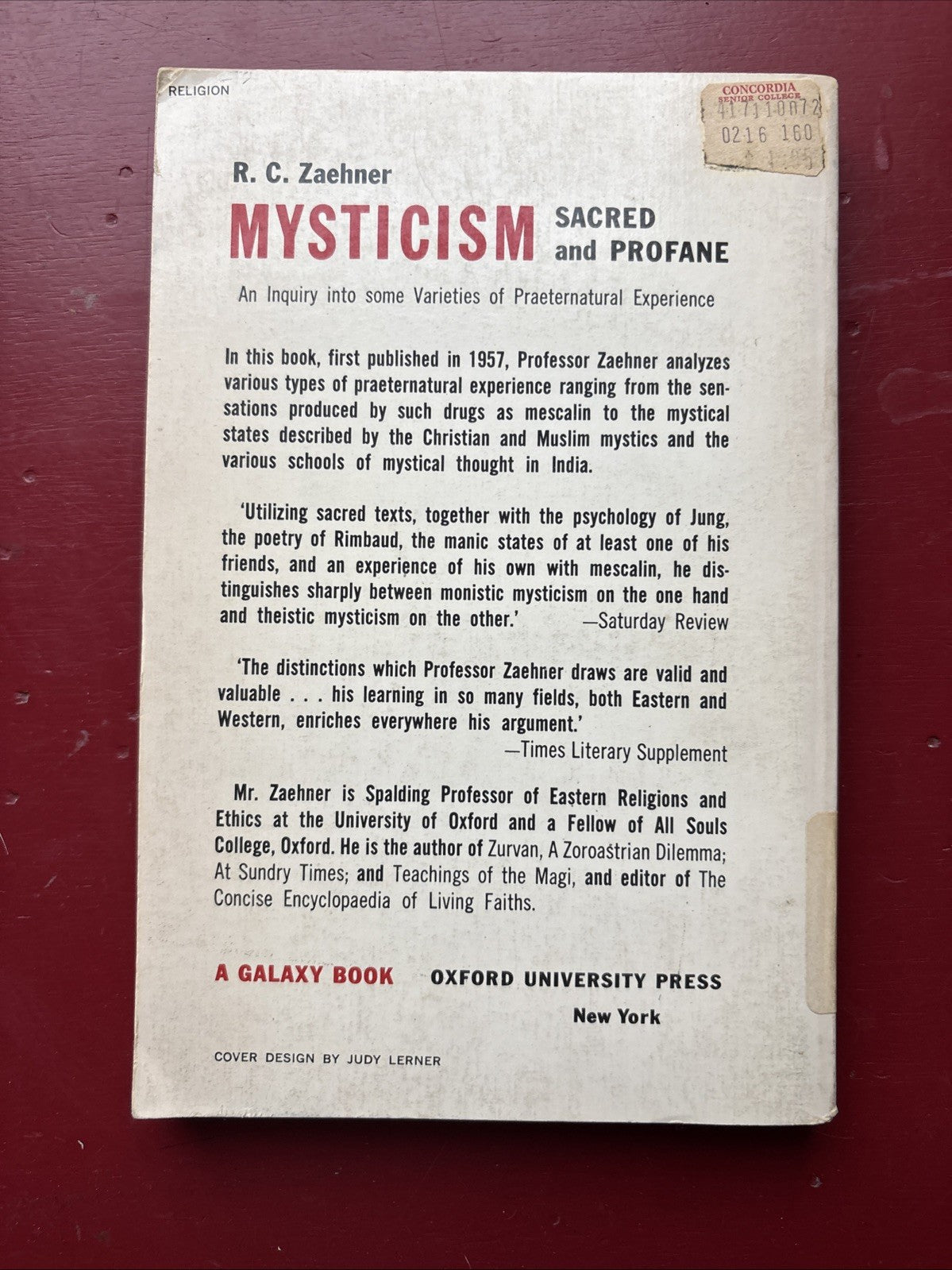 1961 Edition- Mysticism Sacred & Profane By R.C. Zaehner- Paperback Book